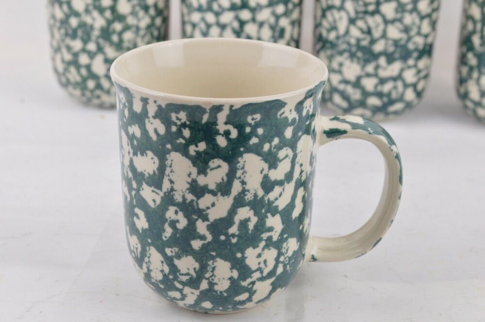 Tienshan Moose Country Mugs Set 7 Green Sponge Folk Craft Ceramic 3.6"